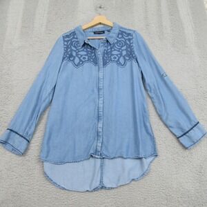 T&W Designs Shirt Women L Blue Denim Western Americana Rodeo Westernstyle Casual